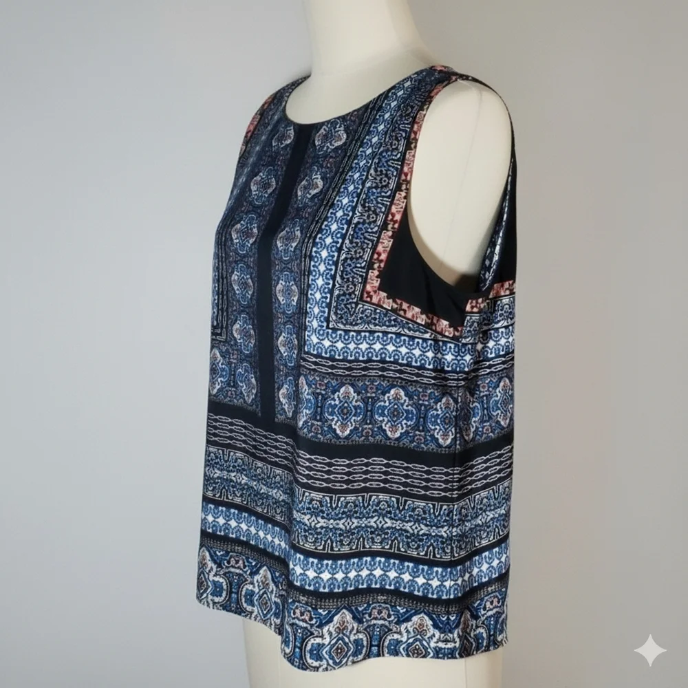 ReneeC. Size L Cami Top Blouse Sleeveless Tank Handkerchief Mandala Boho Blue